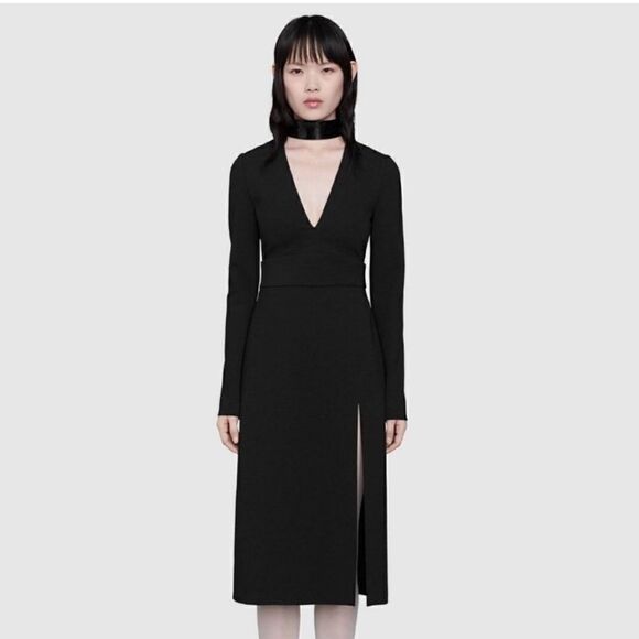 Gucci Compact Jersey Deep-V High Slit Long Sleeve Dress - Picture 3 of 13